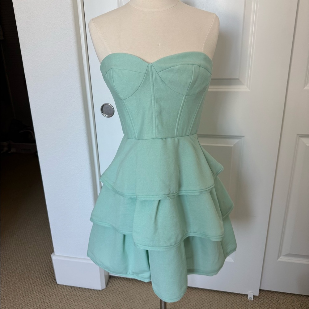 BCBGMaxAzria Strapless Mint Green Tiered Peplum Mini Dress